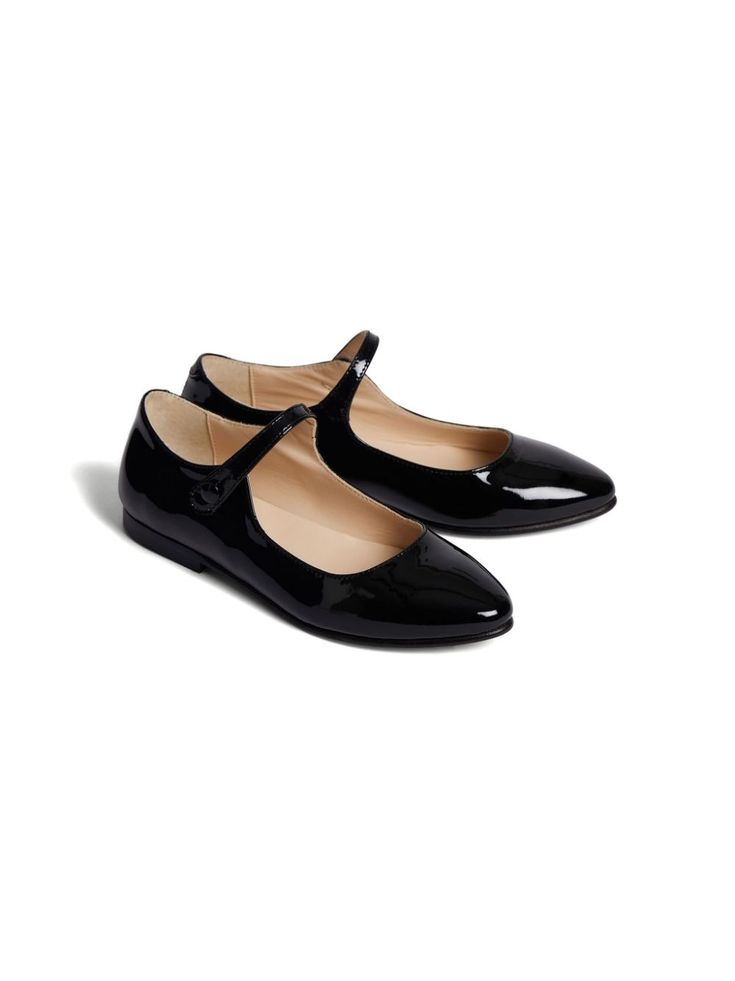 jet black leather patent finish fabric-covered buttons pointed toe side button fastening branded leather insole flat leather sole Classic Patent Leather Mary Janes With Flat Heel, Pointed Toe Patent Leather Mary Janes With Leather Sole, Classic Mary Janes With Flat Heel In Patent Leather, Patent Leather Pointed Toe Flats For Work, Chic Patent Leather Pointed Toe Flats With Leather Sole, Classic Patent Leather Ballet Flats For Work, Sleek Patent Leather Pointed Toe Flats, Chic Patent Leather Ballet Flats With Leather Sole, Patent Leather Ballet Flats For Workwear