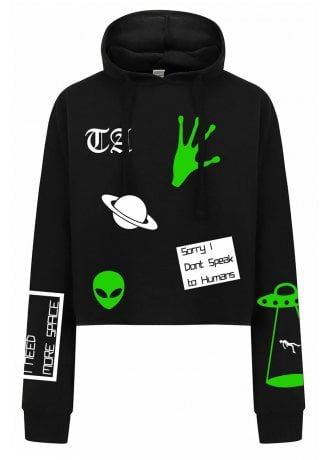 Alien Clothes, Goth Tops, Punk Top, Attitude Clothing, Cropped Pullover, Super Cute Dresses, Hooded Tops, Printed Drawstring, Black Crop