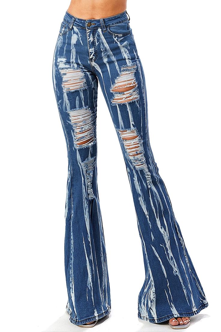 High-rise, bell bottom jeans with distressing and bleached streaks throughout. Traditional 5-pocket construction with a zip fly and button closure. Slim fit silhouette with a comfortable stretch. This style is truly one of a kind. However as with any distressed jeans, some minor flaws may be present such as torn fringe tassels or cuts and uneven colors. Each item is inspected for quality. CARE | Hand Wash or Machine Wash Gentle in a Wash Bag CONTENTS | 98% Cotton, 2% Spandex MEASUREMENTS | 45"/1 Bleach Denim, Purple Candy, Diy Clothes Design, Womens Fashion Jeans, Bleached Denim, Upcycle Jeans, Denim Chic, Bottom Jeans, Jeans Diy