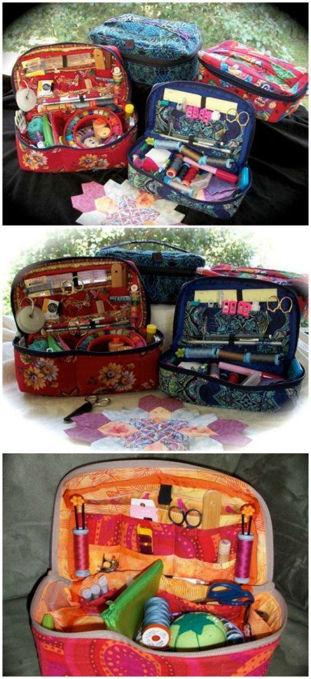 several different types of luggage sitting on top of each other in three pictures, one is open and the other has its contents inside