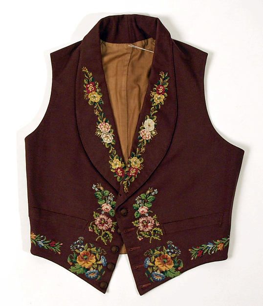 Waistcoat, mid-1840s, British. Men's waistcoats are what we know of as a vest. The waistcoat was the most decorative piece of men's dress. They were often decorated in the front but then solid in the back with buckled adjusters. Brown Waistcoat, Romantic Period, Mens Waistcoat, Estilo Hippie, Brown Vest, Medieval Clothing, Costume Institute, Fantasy Clothing, Mode Vintage