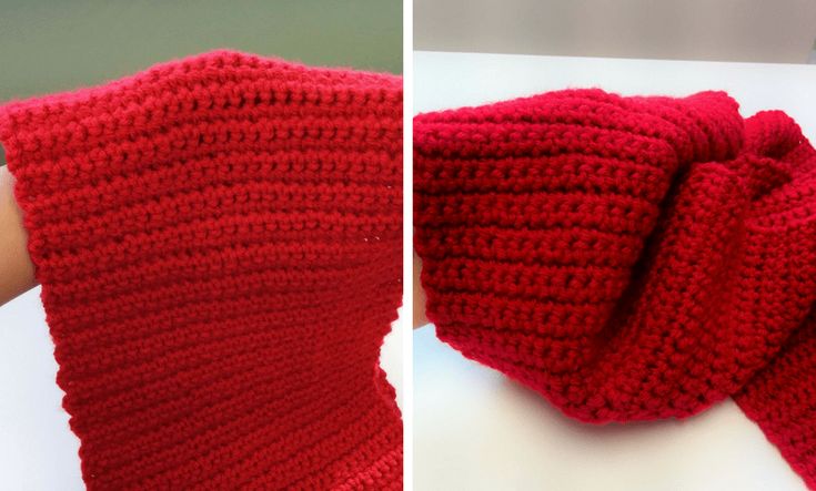 two pictures of red knitted scarves, one with a knot at the end