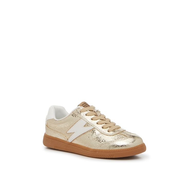 Steve Madden-Trio Sneaker - Kids' The Trio sneakers from Steve Madden are sure to become a staple in little trendsetters' closets. The shimmering gold hue adds a touch of glam, while the sporty silhouette will keep them comfortable Not sure which size to order? Click here to check out our Kids’ Measuring Guide! For more helpful tips and sizing FAQs, click here . Gold Lace-up Sneakers With Metallic Logo, Gold Low-top Sneakers With Metallic Logo, Gold Sneakers With Foil Embossed Logo And Round Toe, Gold High-top Sneakers With Perforated Toe Box, Casual Gold Sneakers With Round Toe, Casual Gold Lace-up Sneakers, Trendy Gold Low-top Sneakers, Trendy Metallic Round Toe Sneakers, Gold Low-top Sneakers For Spring