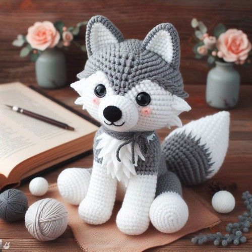 a crocheted stuffed animal sitting next to an open book