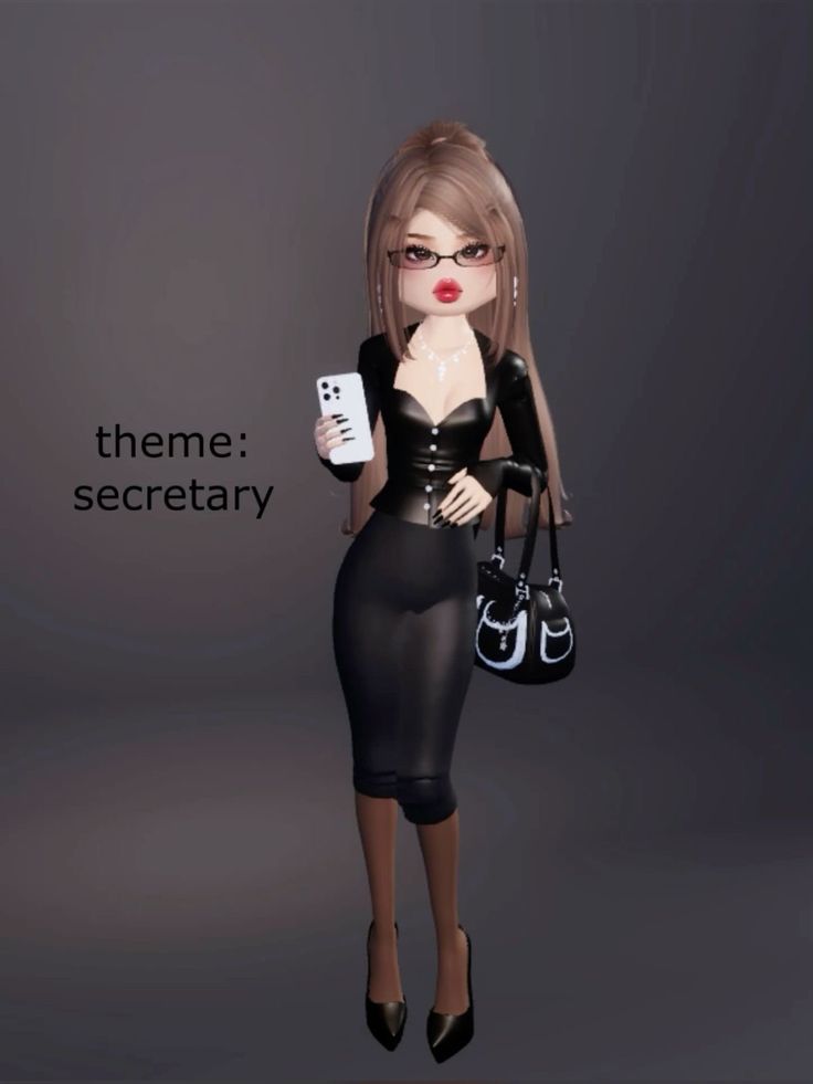 a woman in black dress holding a cell phone and purse with the words theme secretary on it