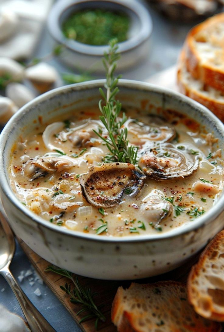 a bowl of soup with mushrooms and bread