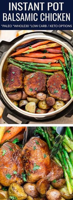 the instant pot balsamic chicken recipe is shown in two different pictures, with potatoes and asparagus