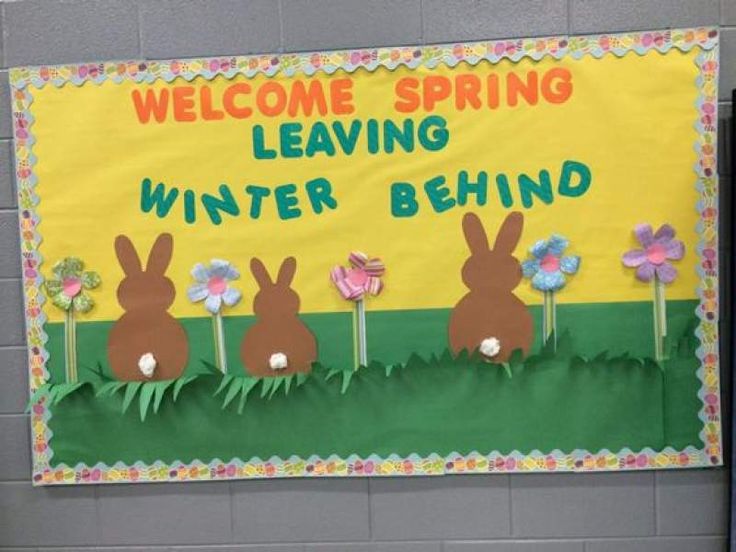 a bulletin board with bunnies in the grass and flowers on it that says, welcome spring leaving winter behind