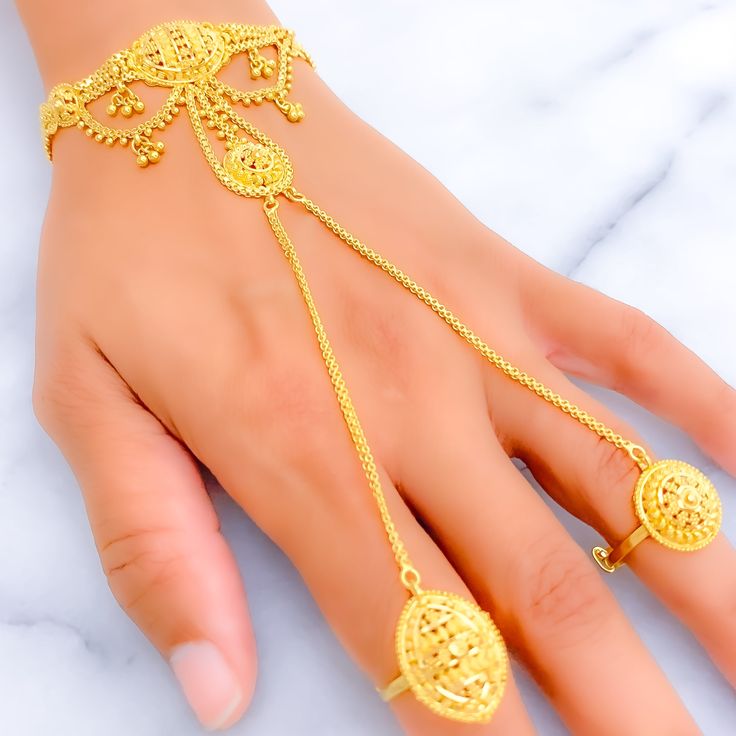 Intricate Posh Two Ring 22K Gold Panchangala 22k Gold Bracelet With Intricate Design For Wedding, Festive Gold Plated Bracelet With Intricate Design, 22k Gold Wedding Bracelet With Intricate Design, Festive Gold Bracelets With Elegant Design, Festive Gold-plated Bracelet With Intricate Design, Elegant 22k Gold Wedding Bracelet, 22k Gold Bracelet With Intricate Design, 22k Gold Filigree Wedding Bracelets, Wedding Filigree 22k Gold Bracelets