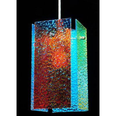 a multicolored glass light hanging from a ceiling