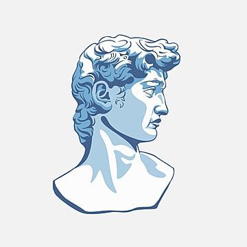 the head and shoulders of an ancient man with curly hair in blue tones on a white background