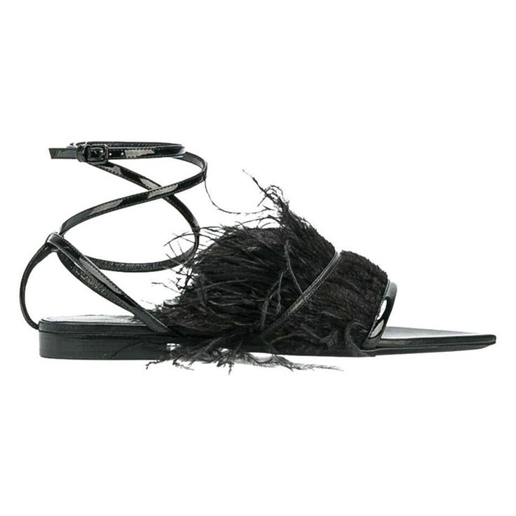 Saint Laurent Era 105 Black Feather Wrap Around Ankle Strap Flat Sandal These Saint Laurent flat sandals are an elegant and subtle statement shoe that can achieve an elevated look. Featuring wrap around ankle buckle closure, a pointed toe, patent leather contrast details and a soft feather accent. Brand new. Made in Italy. Size: 38 (FR) Feather Wrap, Saint Laurent Sandals, Ankle Strap Sandals Flat, Ankle Strap Flats, Ankle Wrap Sandals, Statement Shoe, Feather Trim, Wrap Sandals, Black Feathers