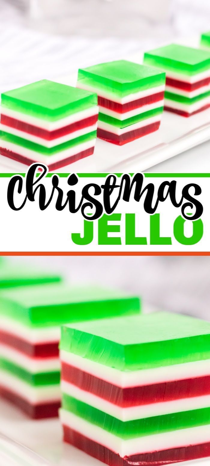 green, red and white christmas jellos on a plate with text overlay