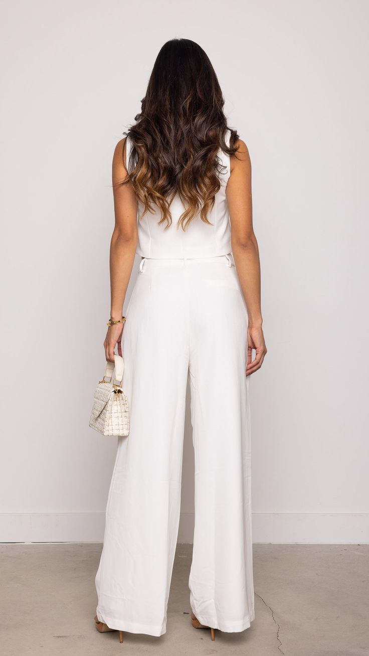 Features: Set Vest Wide Leg Pants White Buttons 80177 Set 16 Wide Leg Pants White, White Dress Top, Jumpsuit And Blazer, Usa Outfit, Pants White, Resort Style, Business Outfits, Top Sales, Floral Dress Black