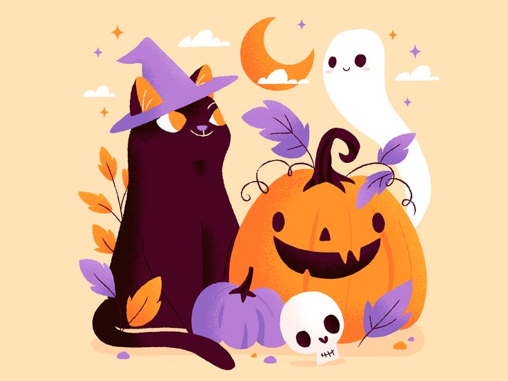 two black cats sitting next to each other in front of halloween pumpkins and skulls