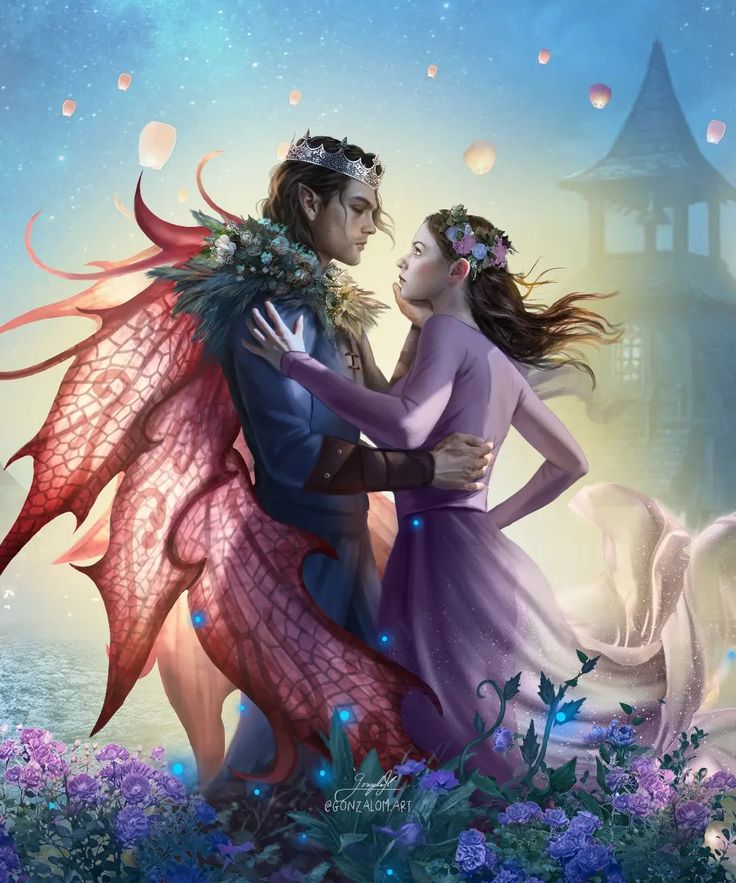 a man and woman are hugging in front of a dragon with flowers on its back