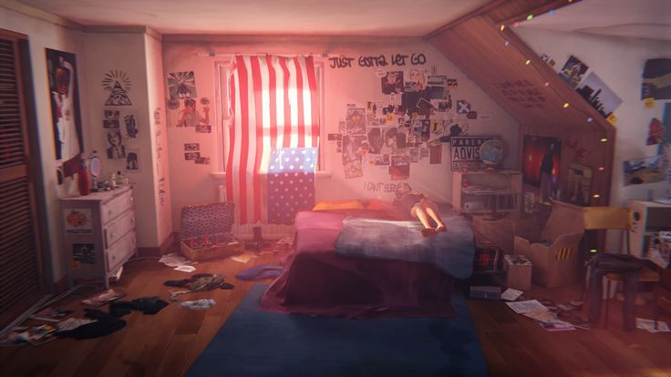 a bedroom with an american flag on the wall and lots of clutter all over the floor