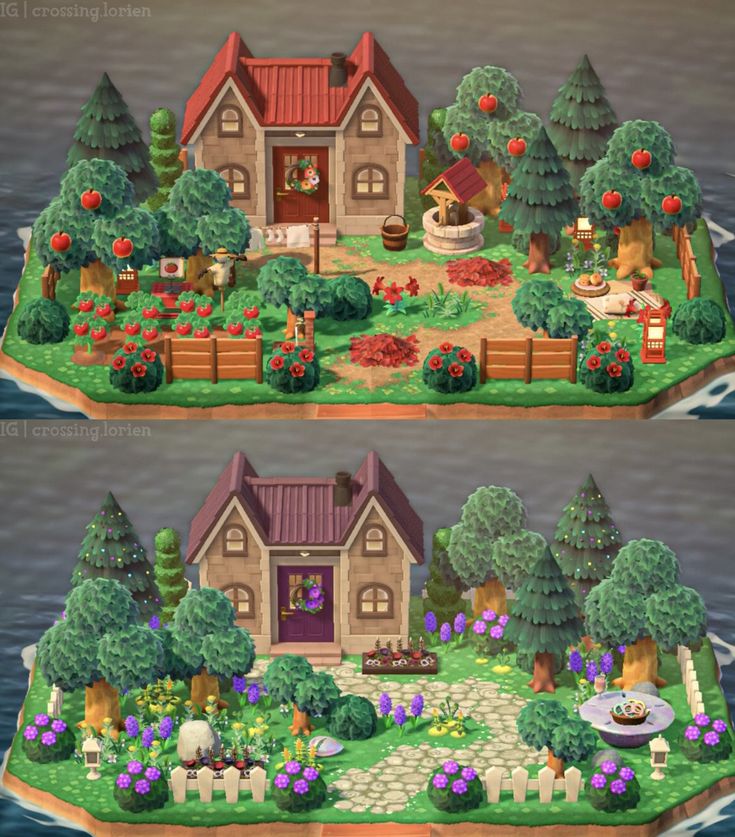 two different views of a small house on an island with trees and flowers around it