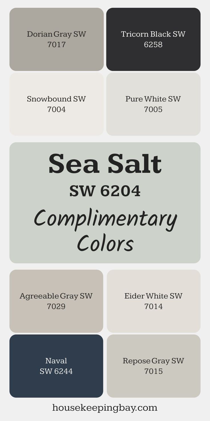 Best Complimentary Colors for Sea Salt SW 6204 by Sherwin-Williams Sw 6204 Sea Salt, Eider White Sherwin Williams Walls, Sea Salt Walls, Coastal Exterior Paint Colors, Sea Salt Bathroom, Eider White Sherwin Williams, Naval Sw 6244, Oyster Bay Sherwin Williams, Sherman Williams Paint