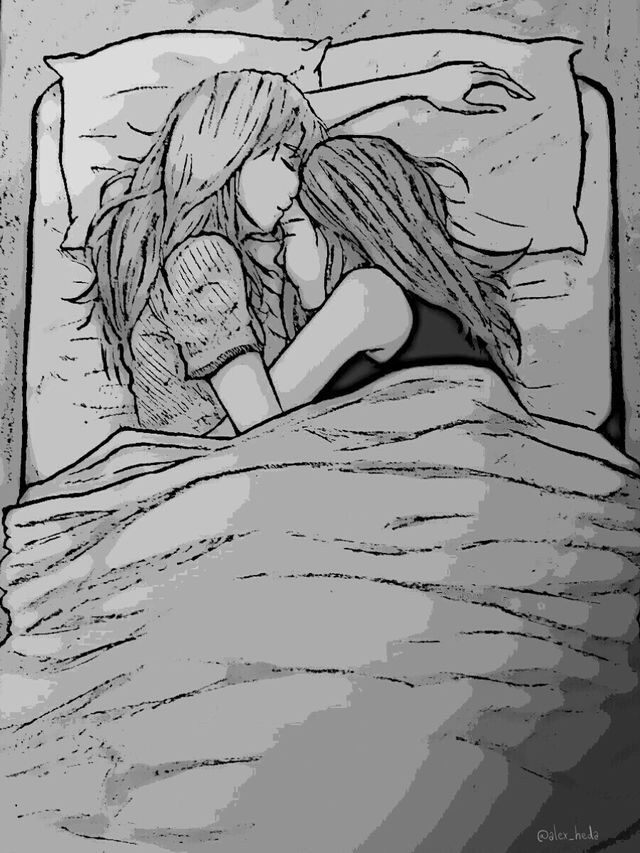 a black and white drawing of two people laying in bed with one holding the other's head