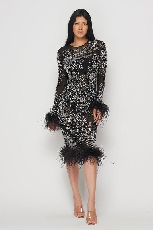 - Long Sleeve Midi Dress - Rhinestone Detail - Zipper Closure At Back - FUR DETAIL - BOAT NECK- Stretchy- Runs True to Size- Model wears a Small SELF: 90% NYLON 10% SPANDEX EXCLUSIVE of FEATHER TRIM LINING: 93% POLYESTER 7% SPANDEX Embellished Long Sleeve Midi Dress For Gala, Embellished Long Sleeve Evening Midi Dress, Embellished Long Sleeve Midi Dress, Long Sleeve Embellished Midi Cocktail Dress, Glamorous Winter Midi Dress With Sequins, Glamorous Knee-length Winter Dresses, Winter Midi Evening Dress, Fall Evening Embellished Midi Dress, Long Sleeve Embellished Midi Dress For Dinner