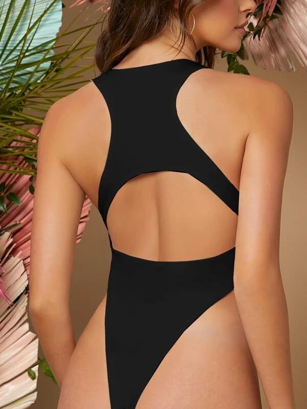 Cut Out Back Solid Bodysuit black in color. This plain bodysuit is designed with a round neckline and natural waistline that flatters your figure. The backless cut-out adds a touch of sophistication and sexiness to your outfit, making it perfect for a night out or a special occasion. Made with high-stretch fabric, this bodysuit offers a slim fit that hugs your curves in all the right places for a comfortable yet stylish look. Specifications: Pattern Type: Plain Type: Tank Neckline: Round Neck De Comfy Jumpsuits, New Cut, Bodysuit Black, Fabric Suppliers, Outfit Making, Out Back, Bras And Panties, Black Bodysuit, Round Neckline