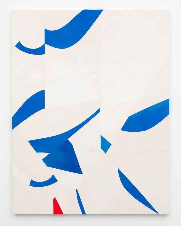 an abstract painting with blue, red and white shapes on the bottom half of it