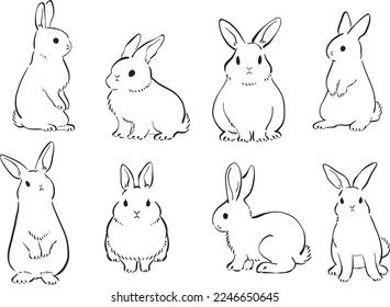 the silhouettes of rabbits in different poses on a white background, hand drawn illustration