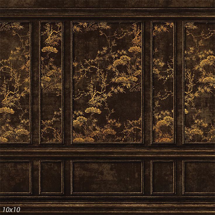 an old fashioned wallpaper with gold and black flowers on the side, in a room that has dark wood paneling