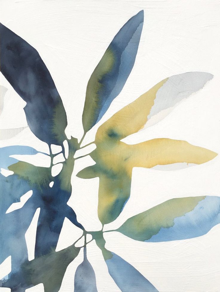 an abstract painting of leaves on a white background