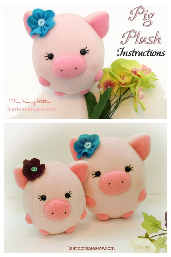 two stuffed pigs sitting next to each other with flowers on their heads and the pig plush instructions written below