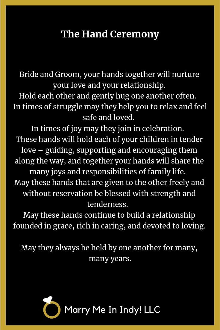 a poem written in black and gold with the words,'the hand ceremony bride and groom, your hands together will nurture