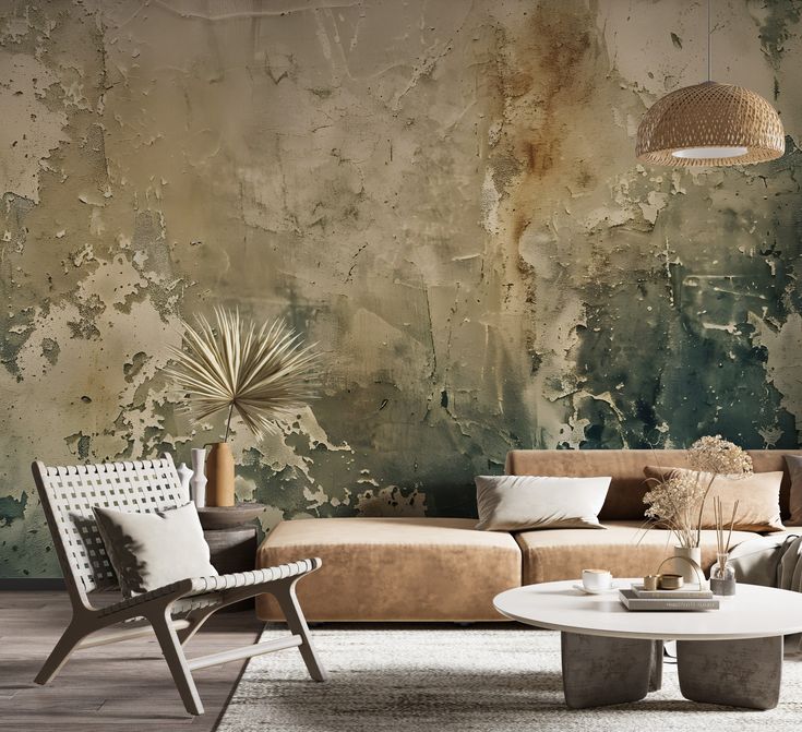 a living room filled with furniture next to a wall covered in peeling paint on the walls