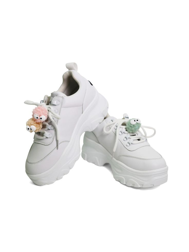 Editor's NotesMonica sneakers with light outsole and neat outdoor eyelet points. It has 1.96 height platform and comfortable fit. Perfect sneakers for young and trendy styles. - Round toe lightweight urethane outsole- Sturdy and fine design- Outdoor style eyelet details- Detachable kitsch pompom point decoration for unique styling  Measurements(in.)- Size: KR225mm(US5.5)-KR250mm(US8)   - Heel height:  1.96 in- Fits true to size Composition & Care- Shell: Polyurethane- Lining: Polyester, Nylon- Out sole: Polyurethane- Avoid moisture and heat- Professional shoe cleaning recommendedDesigner- by SMA SHOES White Chunky Sneakers With Studded Outsoles For Sports, White Chunky Sneakers With Studded Rubber Outsoles, White Platform Sneakers With Thick Bottom And Round Toe, White Low-top Chunky Platform Sneakers, White High-top Sneakers With Thick Sole, White Chunky Lace-up Sneakers With Thick Bottom, White Low-top Wedge Sneakers With Platform, White Platform Lace-up Sneakers, White Casual Platform Sneakers With Thick Bottom