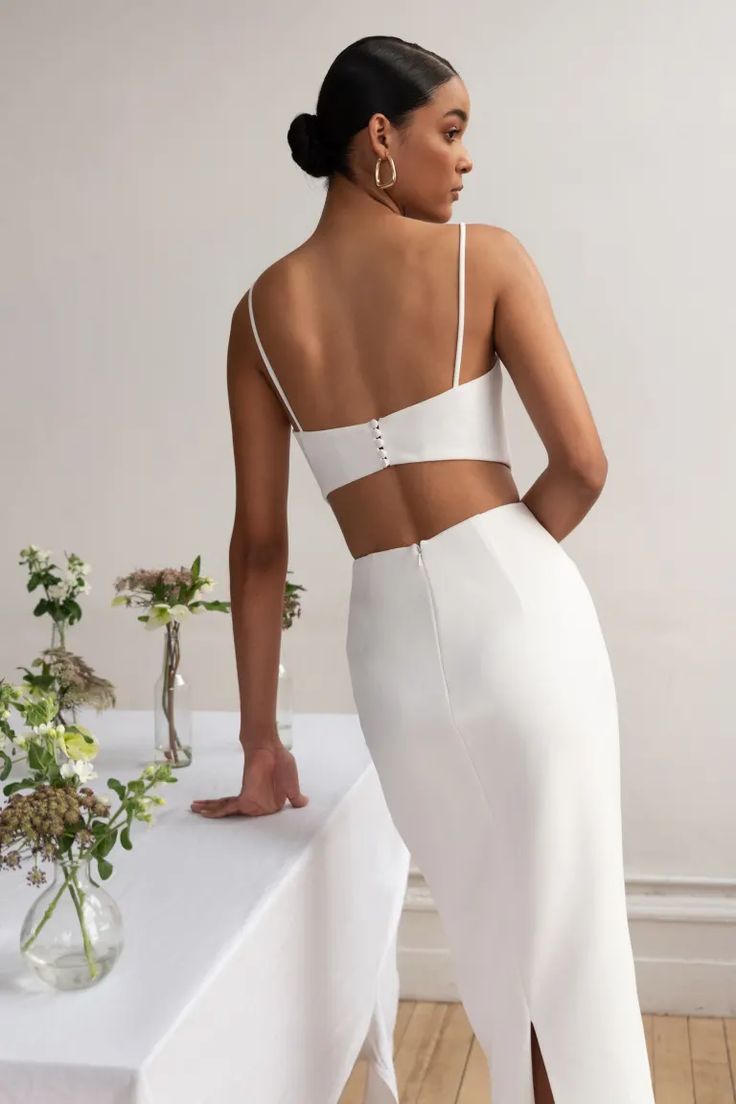 Leia by Jenny Yoo | Shop Online Now Elegant Backless Midi Dress With Built-in Bra, Chic White Dress With Built-in Bra, Elegant Midi Dress With Built-in Bra, Midi Dress With Built-in Bra And Fitted Bodice, Elegant Square Neck Backless Dress With Tie Back, White Tie-back Midi Dress For Formal Occasions, Fitted Midi Dress With Tie Back And Straight Neckline, Fitted Midi Backless Dress With Cutout Back, White Fitted Dress With Cut-out Waist