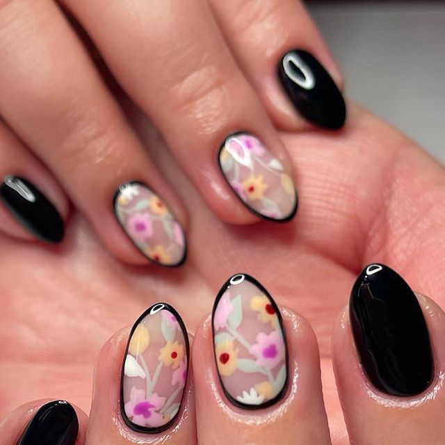 Checker Flower Nails, Cottagecore Almond Nails, Black Nail Flower Designs, Black Nails With Colorful Flowers, Alternative Spring Nails, Spring Nails With Black, Alt Spring Nails, Black Nails Spring, Black Floral Nail Designs