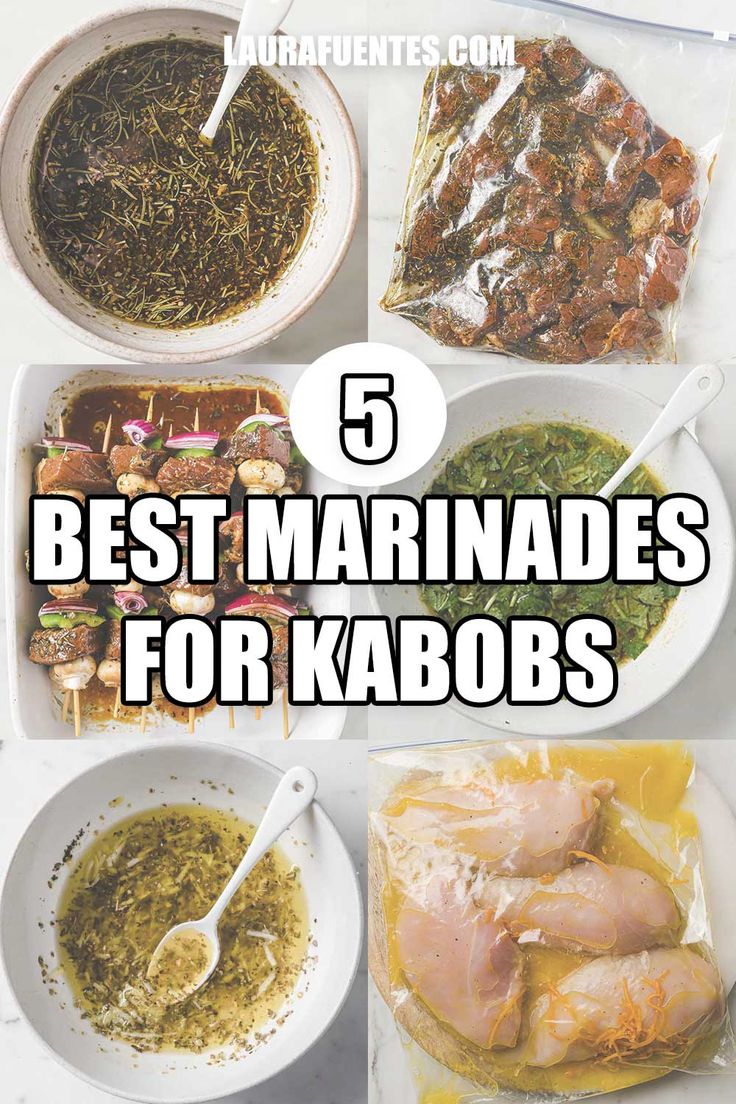 the top five best marinades for kabobs in white bowls and sauces