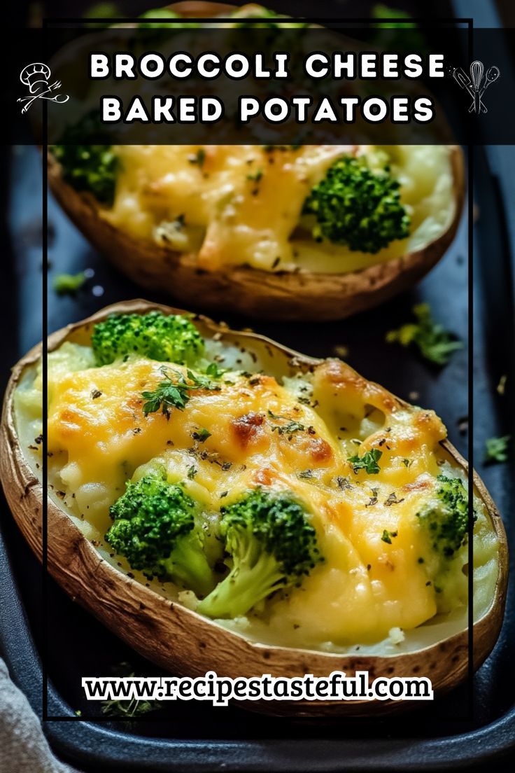 broccoli cheese baked potatoes with text overlay