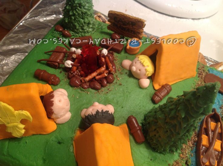 a cake decorated with people laying in the grass and camping items on top of it