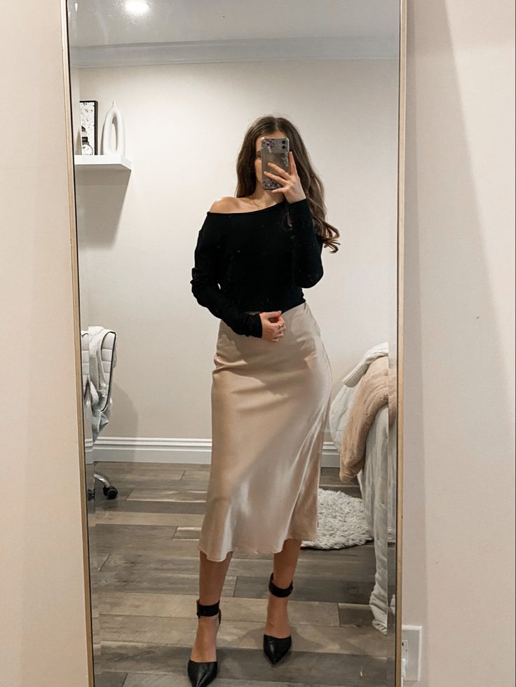 Skirt Winter Work Party Outfit Classy, Satin Dress And Jumper Outfit, Gold Skirt Christmas Outfit, Mid Satin Skirt Outfit, Silk Midi Skirt Outfit Formal, Cream Satin Maxi Skirt Outfit, Champagne Maxi Skirt Outfit, Abercrombie Satin Skirt, Satin Lace Trim Skirt Outfit