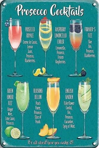 a metal sign with different types of cocktails