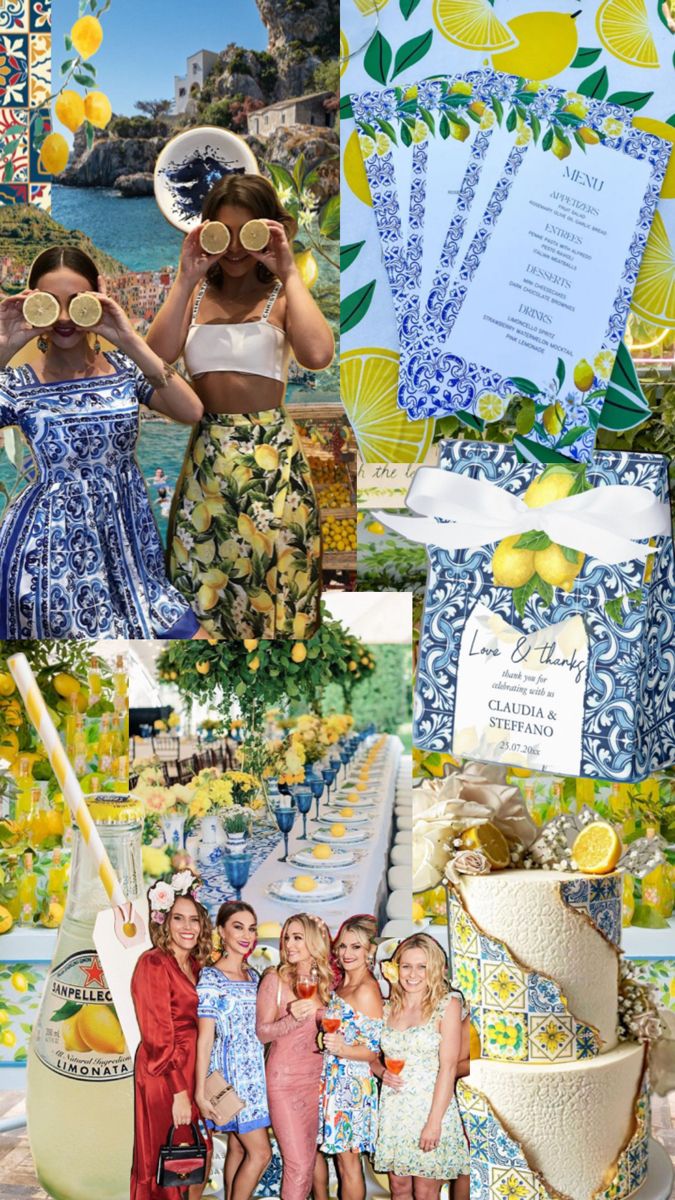 a collage of photos with lemons, blue and yellow colors in the background