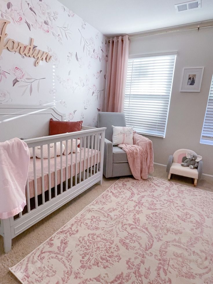 Soft rose petal, cream, and grey colors girl nursery. Grey And Mauve Nursery, Pink And Gray Nursery Ideas, Grey Crib Nursery Girl, Pink And Grey Nursery Baby Girl, Pink And Grey Curtains, Grey And Pink Nursery, Gray And Pink Nursery, Twin Nursery Room