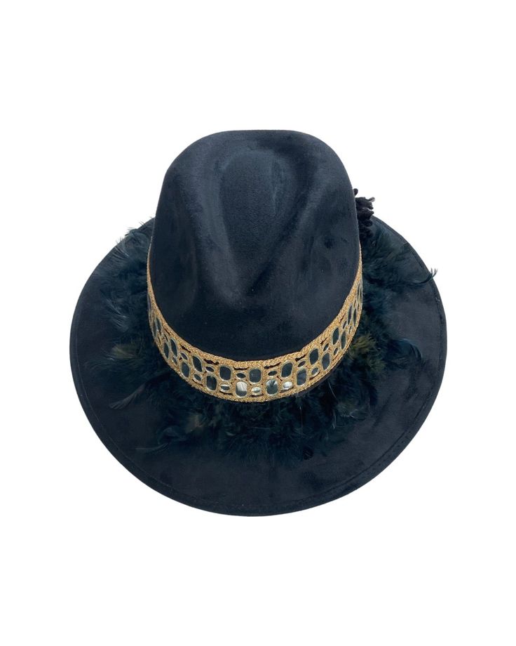 Black Artisan Hat - Beautiful handmade hat - This unique black suede hat is the perfect statement piece for your #OOTD, for any occasion, any season! It features a gorgeous band with mirrors, feathers and pom pom details on the back. This is the perfect hat for a girl who loves to stand out. Details & Fit - One size fits all Black Bohemian Felt Hat For Kentucky Derby, Black Elegant Festival Hats, Elegant Black Festival Hats, Winter Party Hats With Feathers, Black Handmade Fedora For Kentucky Derby, Handmade Black Felt Hat For Festival, Bohemian Handmade Mini Hats For Parties, Adjustable Evening Hat With Feather Trim, Luxury Fedora For Party