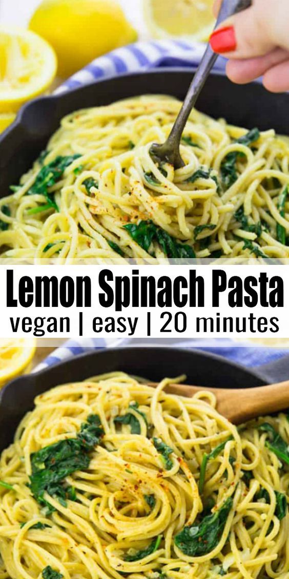 lemon spaghetti with spinach and parsley in a skillet