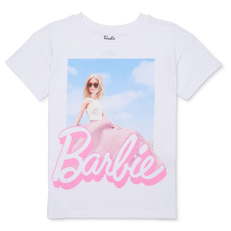 a white t - shirt with the word barbie on it and a photo of a woman wearing sunglasses