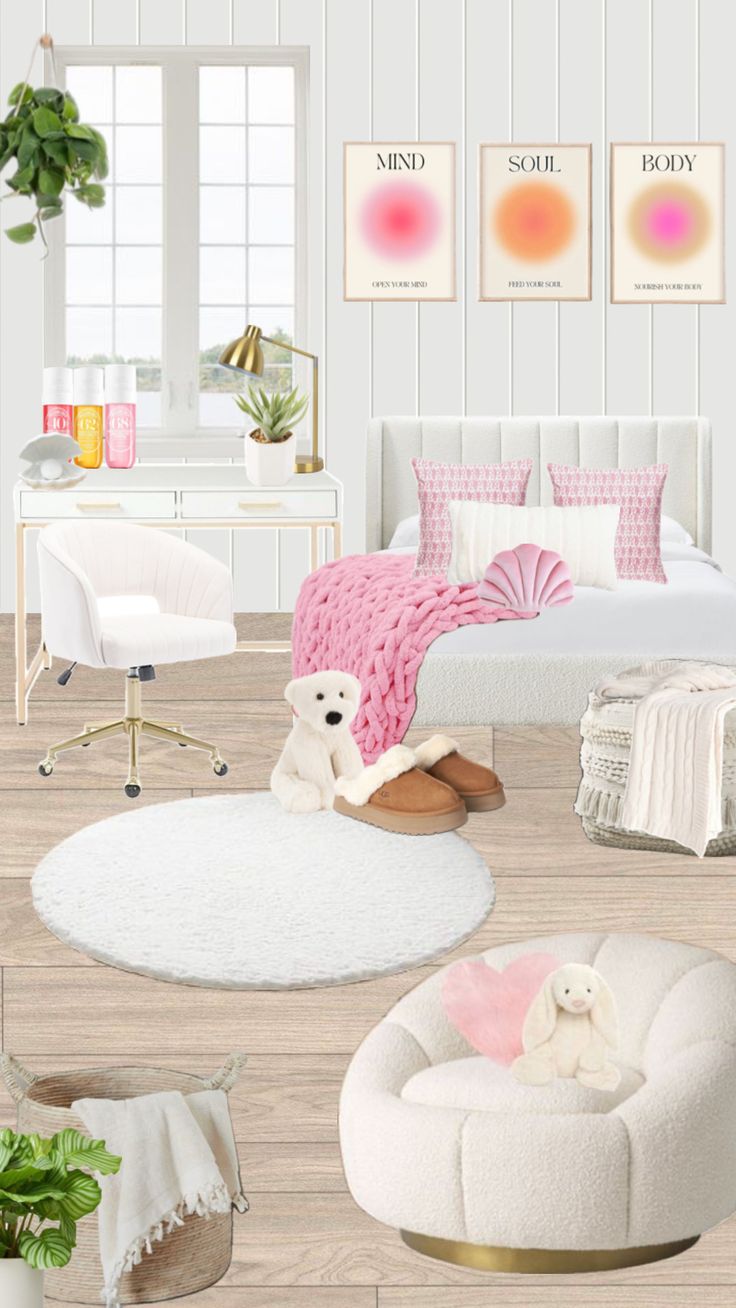 a bedroom with white walls and pink accents on the bed, rugs, chair, desk