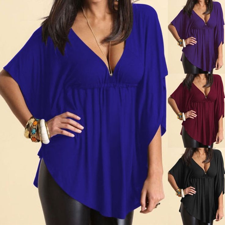 Plus Size Sexy Femmes V Neck Summer Vrac Blouse Manches Batwing Shirt Tops Casual Woman Blouse Casual, Batwing Shirt, Batwing Sleeve Top, Black Blouse Women, Plus Size Blouse, Loose Blouse, Solid Tops, Plus Size Blouses, Casual Blouse