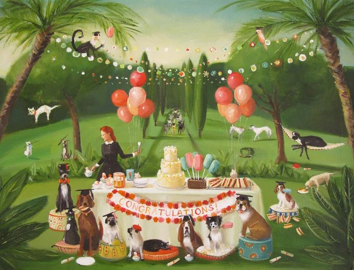 a painting of people and dogs at a table with balloons in the air above them