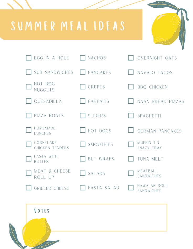 a printable summer meal idea list with lemons